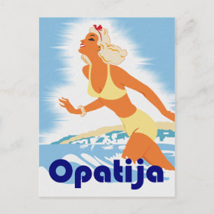 Carte Postale Opatija, jeune fille sur la plage, voyage vintage