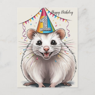 Carte Postale Opossum de Virginie portant un chapeau d'anniversa