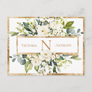 Carte Postale Or Blanc Monogramme Floral Vert Économisez la date