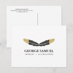 Carte Postale Or Blanc Trempé Bohème Plume Designer