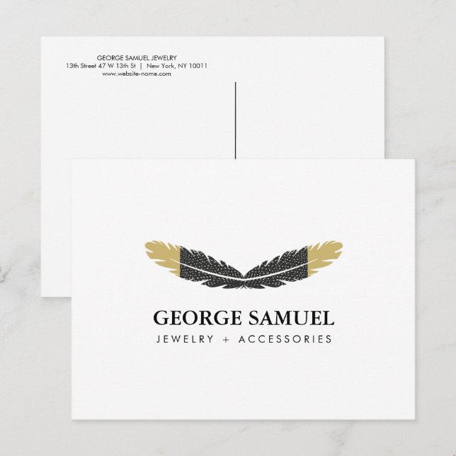 Carte Postale Or Blanc Trempé Bohème Plume Designer (Devant / Derrière)