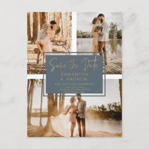 Carte Postale Or bleu enregistrer la date 3 photo grille collage