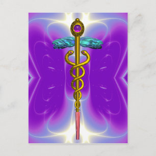 CARTE POSTALE OR CADUCUS MÉDICALE SYMBOLE BLEU PURPLE FRACTAUX