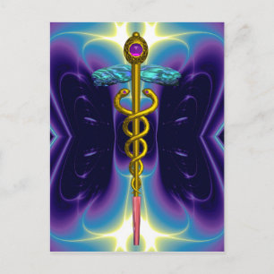 CARTE POSTALE OR CADUCUS MÉDICALE SYMBOLE BLEU PURPLE FRACTAUX