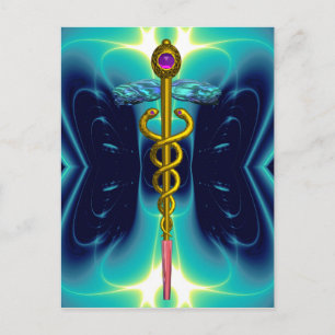 CARTE POSTALE OR CADUCUS MÉDICALE SYMBOLE BLEU TURQUOISE