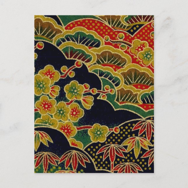 Carte Postale or prune fleur motif japonais kimono textile (Devant)
