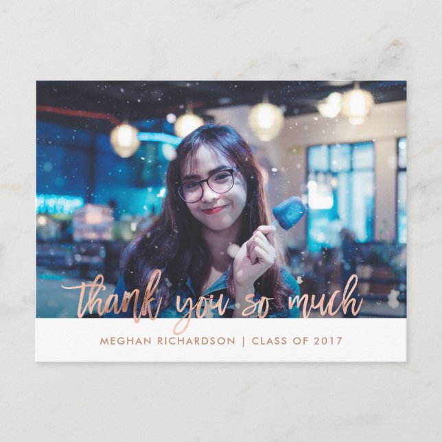Carte Postale Or Rose Faux | Merci de la graduation photo (Devant)