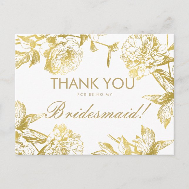 Carte Postale Or simple Floral Bridesmaid Merci (Devant)