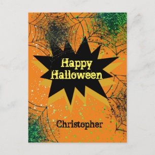 Carte Postale Orange Black Spiderweb Happy Halloween