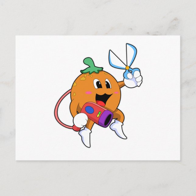 Carte Postale Orange coiffeuse avec ciseaux et sèche-cheveux (Devant)