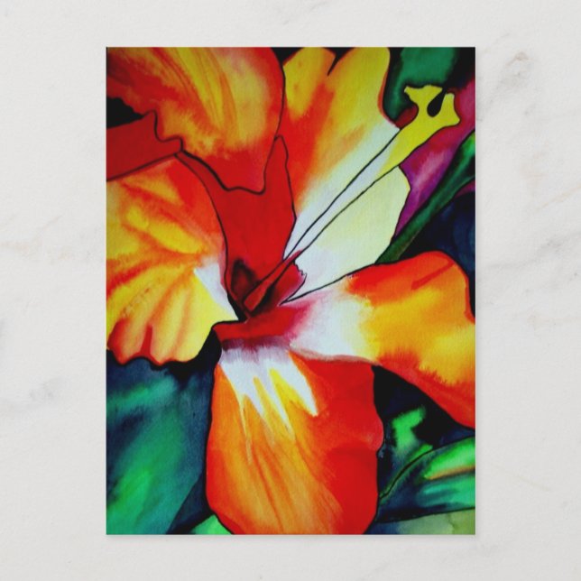 Carte Postale Orange Hibiscus fleurs tropicales aquarelle art (Devant)