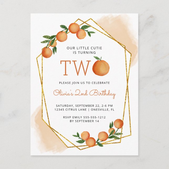 Carte Postale Orange Little Cutie Citrus 2e fête d'anniversaire  (Devant)