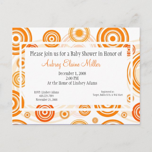 Carte Postale Orange Retro Cibles Baby shower Invitation (Devant)