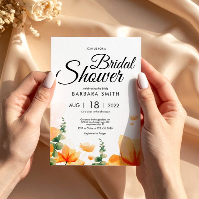 Carte Postale Orangé sauvage (Elegant Orange Floral Bridal Shower Invitation Postcard, Bridal Shower Floral)