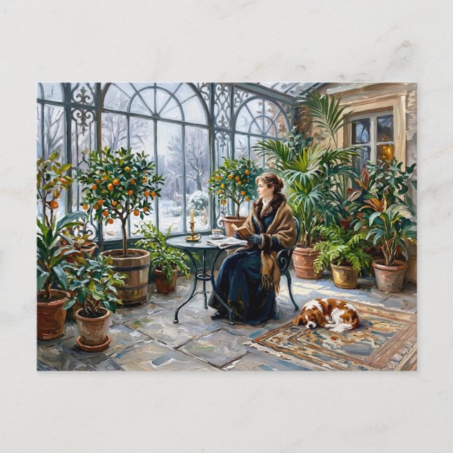 Carte Postale Orangerie cosy d'hiver avec Cavalier Spaniel (Devant)