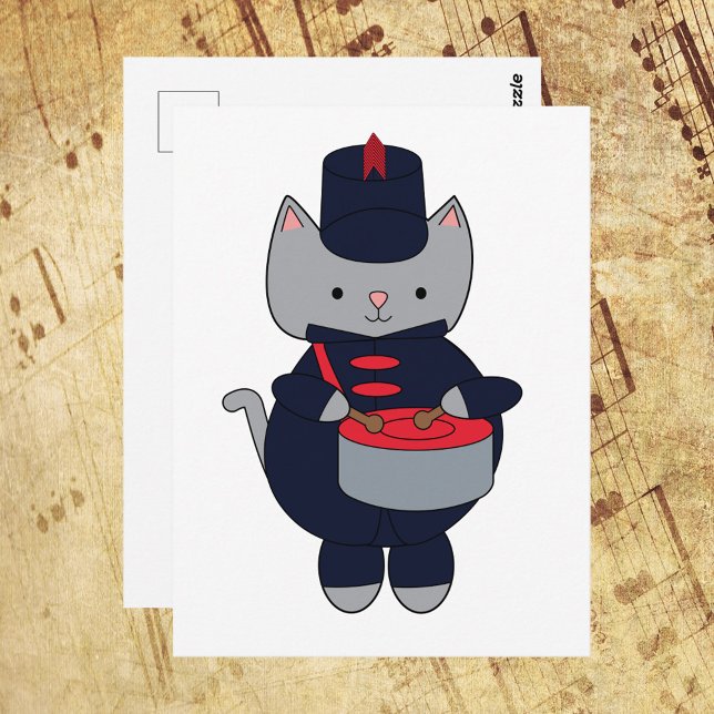 Carte Postale Orchestre défilant batteur chat bleu marine et rou (A postcard with a cat playing the drums in a navy blue & red marching band uniform.)