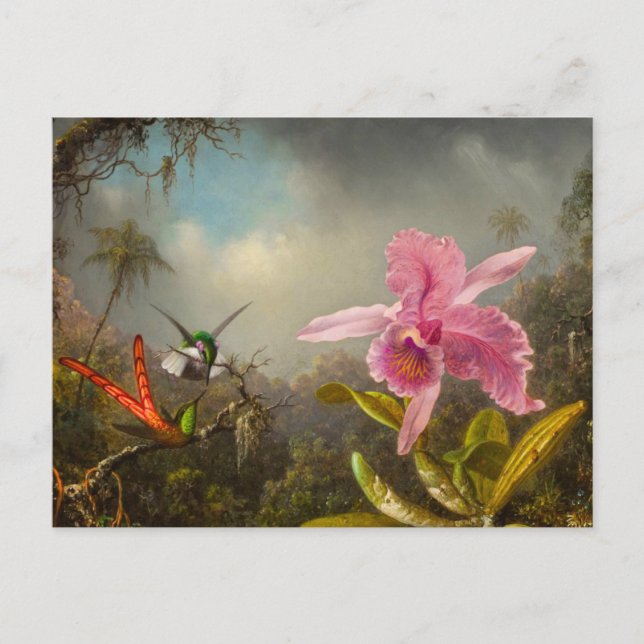 Carte Postale Orchidée avec deux colibris Heade (Devant)
