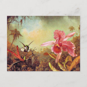 Carte Postale Orchidée avec deux colibris, peinture d'art,
