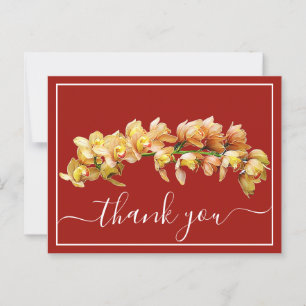 Carte Postale Orchidée jaune orange pâle Fond rouge Merci