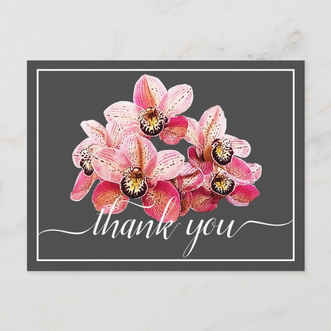 Carte Postale Orchidées roses et blanches Fond gris Merci (Devant)