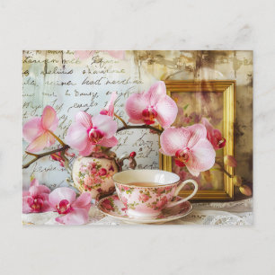 Carte Postale Orchids alongside a teacup and picture frame