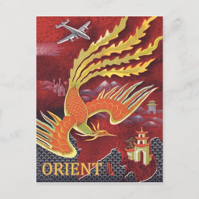 Carte Postale Orient, oiseau en vol au-dessus du temple (Devant)