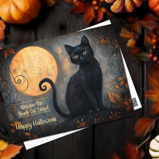 Carte Postale Ornat de la Pleine lune de chat noir d'Halloween