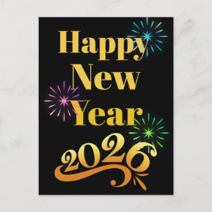 Carte Postale Orné Doré Joyeux Nouvel An 2026 Feux d'Artifice No