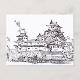 Carte Postale Osaka Castle Japon noir blanc illustration