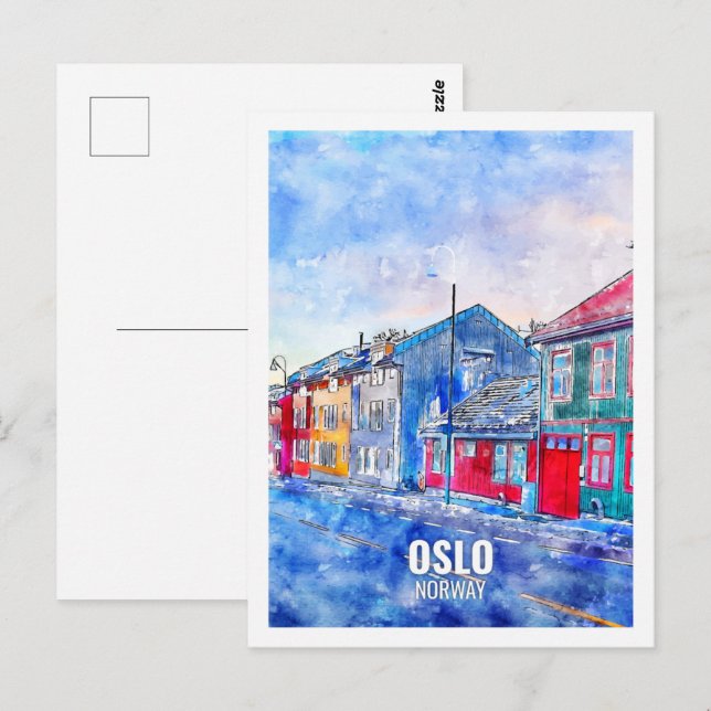 Carte Postale Oslo Norvège Fameux Voyage Aquarelle Sketch (Devant / Derrière)