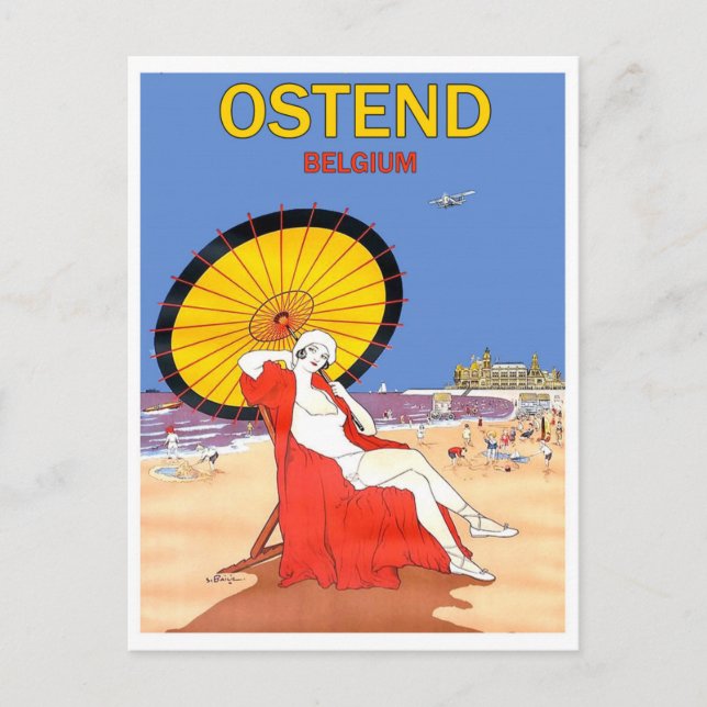 Carte Postale Ostende, Belgique, femme sur la plage avec parasol (Devant)