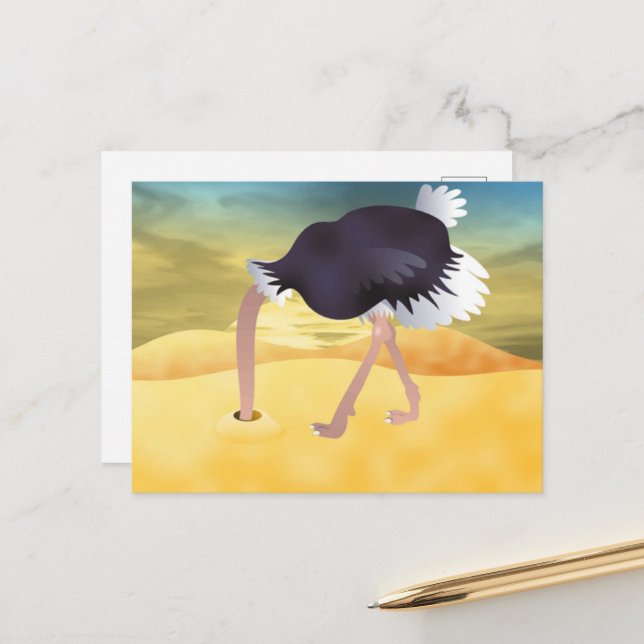 Carte Postale Ostrich Caricature Avec Tête Dans Le Sable (Devant/Arrière en situation)