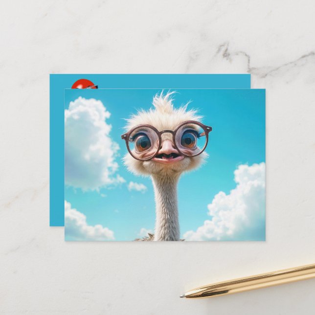 Carte Postale Ostrich porte des lunettes (Devant/Arrière en situation)