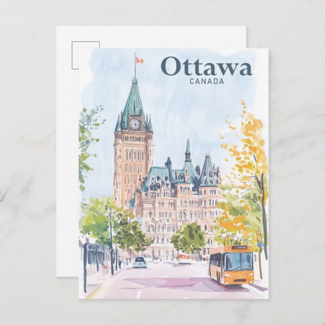 Carte Postale Ottawa Canada Illustration de peinture Gouache Voy (Devant / Derrière)