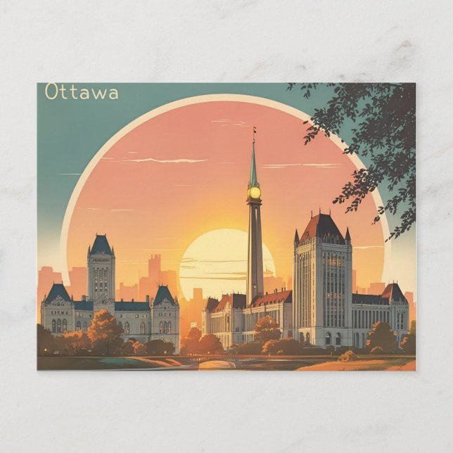 Carte Postale Ottawa Canada Skyline - Bold Retro Sunset Cityscap (Devant)