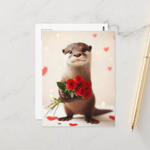 Carte Postale Otter adorable aux roses rouges