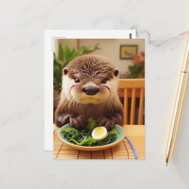 Carte Postale Otter adorable avec une salade (Devant/Arrière en situation)