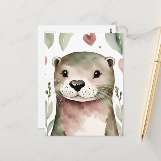 Carte Postale Otter aquarelle adorable (Devant/Arrière en situation)