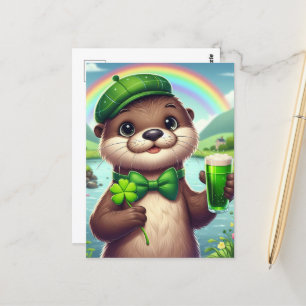 Carte Postale Otter avec bière verte, Shamrock et arc-en-ciel