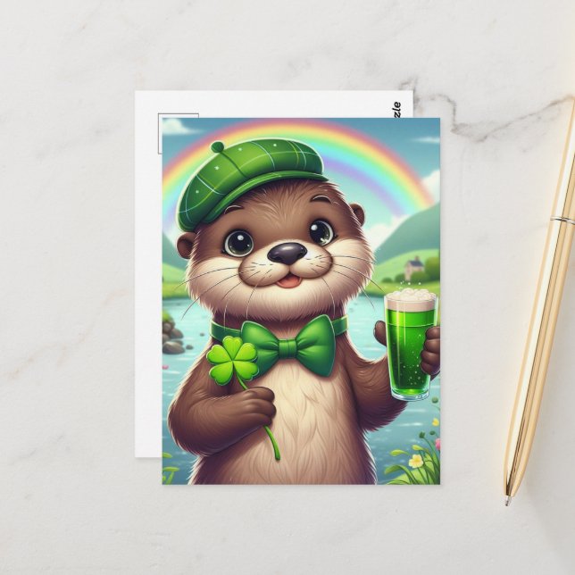 Carte Postale Otter avec bière verte, Shamrock et arc-en-ciel (Devant/Arrière en situation)