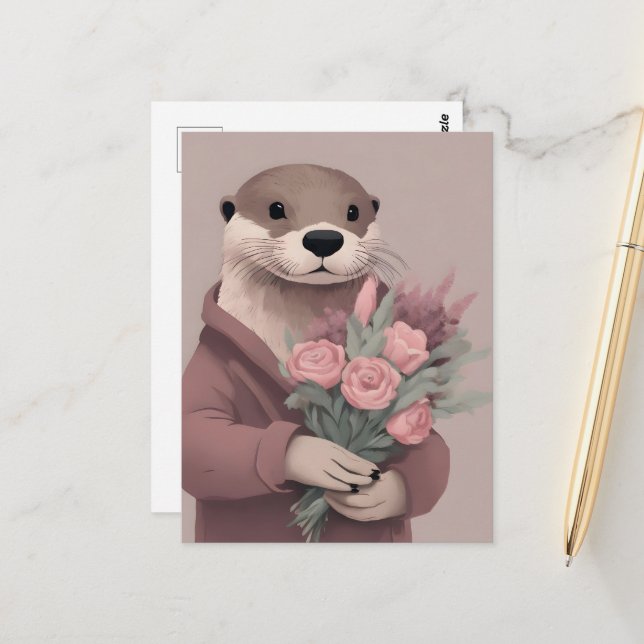 Carte Postale Otter Avec Fleurs (Devant/Arrière en situation)