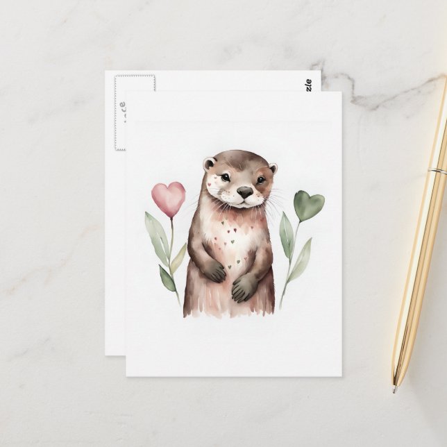 Carte Postale Otter et les fleurs du coeur (Devant/Arrière en situation)
