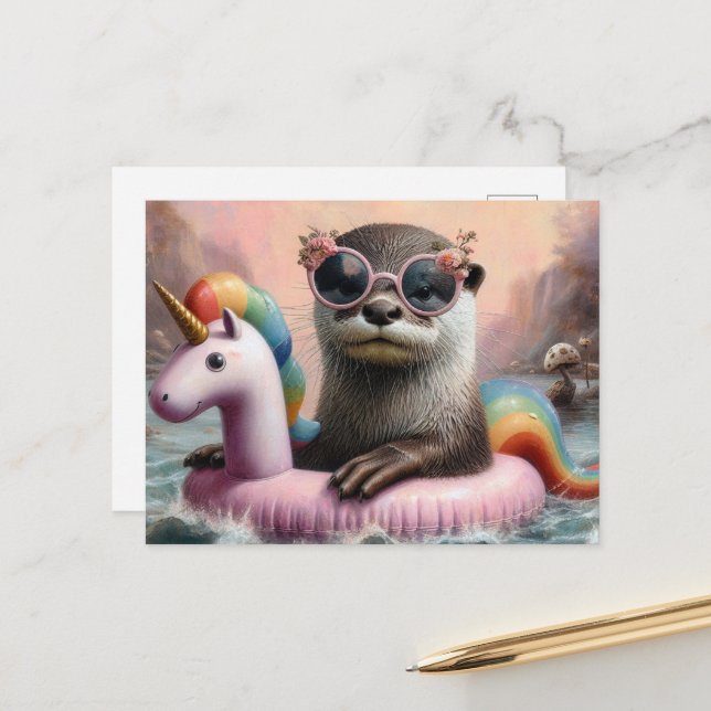 Carte Postale Otter sur un char de licorne rose (Devant/Arrière en situation)
