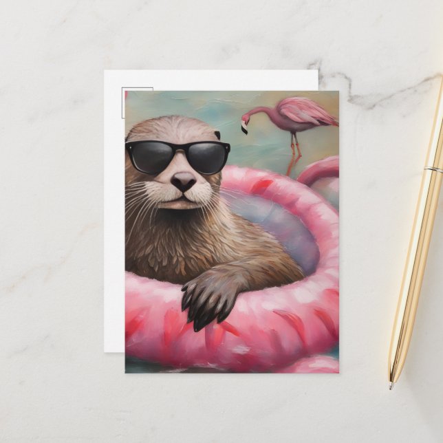 Carte Postale Otter sur un flotteur rose (Devant/Arrière en situation)