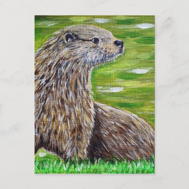 Carte Postale Otter sur une peinture de rive d'une rivière (Devant)