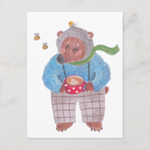 Carte Postale Ours, abeilles et cappuccino