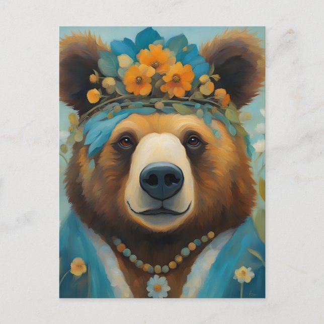 Carte Postale Ours adorable dans une couronne avec des fleurs Hi (Devant)