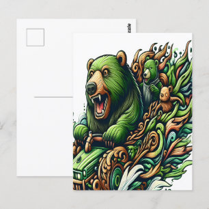 Carte Postale Ours Animés à bord d'une voiture verte