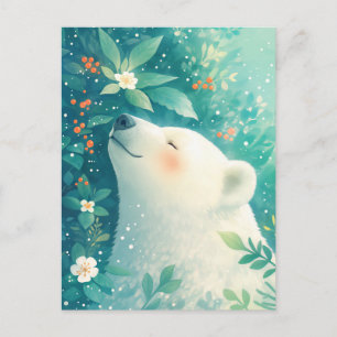 Carte Postale Ours Blanc Serein dans Jardin Vert Luxuriant