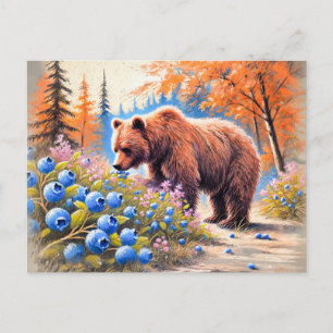 Carte Postale Ours Brown aux bleuets Pastel Chalk Art